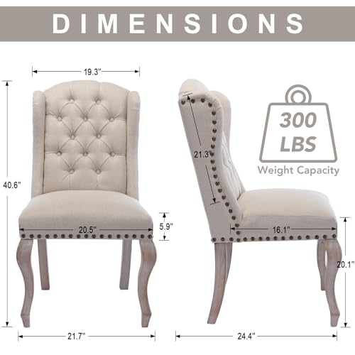 chairus Tufted Parsons Dining Chairs Set of 6, French Country Upholstered Dining Room Chairs with Nailhead Trim & Curved Wood Legs, Farmhouse High Back Armless Side Kitchen Chairs, Beige Linen - color: Beige