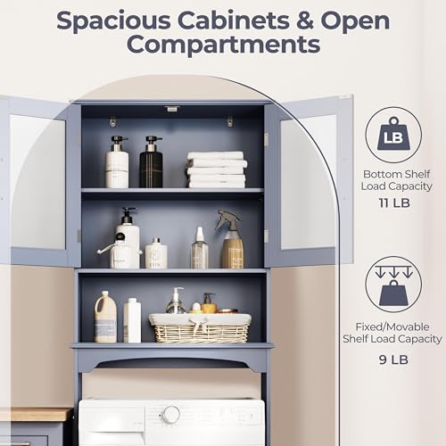 Yaheetech Over The Toilet Storage Cabinet, Free Standing Toilet Rack with Adjustable Shelves and Tempered Glass Doors for Bathroom Washroom, Grey - color: Grey