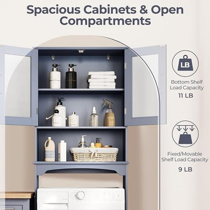 Yaheetech Over The Toilet Storage Cabinet, Free Standing Toilet Rack with Adjustable Shelves and Tempered Glass Doors for Bathroom Washroom, Grey - color: Grey