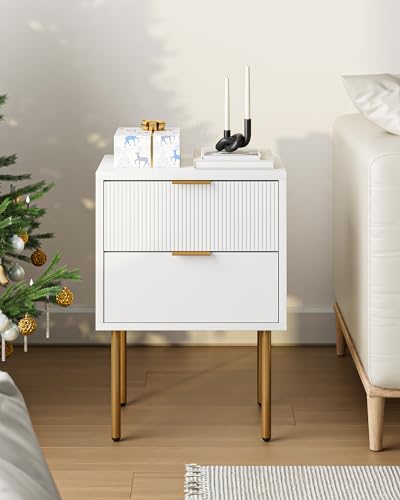 Nightstand,Small Bedside Table with Gold Frame,White Night Stand,Bedside Furniture,Side Table with 2Drawers for Bedroom,Living Room (2Drawers, White) - color: White, style: 2Drawers