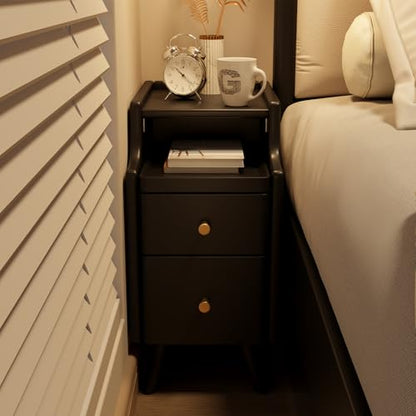 AQIMUELE Small Nightstand with Drawers, Solid Wood Bedside Table, Narrow Walnut Nightstand for Bedroom - color: 1 Pc(black), size: 15.74''D*11.81''W*19.68''H