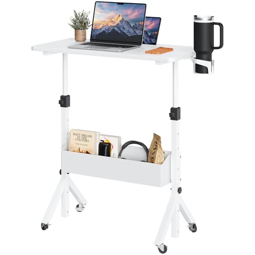 ErGear Mobile Standing Desk with Wheels, Adjustable Height 28.3″ to 46.1″, Rolling Laptop Cart with Cup Holder, Storage Basket, Computer & Pen Slot, Home Office Stand Up Desk, White (31.5″ x 15.75″) - color: White