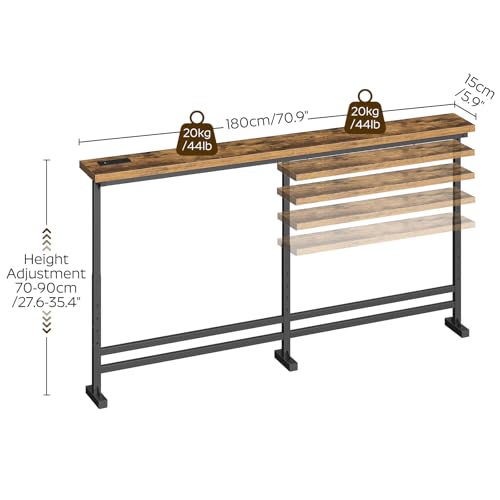 YATINEY 70.9" Console Table with Adjustable Height (27.6"-35.4") and Power Outlet, Skinny Behind Couch Table, Narrow Long Sofa Table for Living Room, Hallway, Entryway, Rustic Brown and Black CT08UBR - color: Rustic Brown + Black, size: 70.9"L x 5.9"W x 2