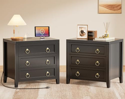 Huuger Paint Night Stand with Charger Station, 3 Drawer Nightstand Set of 2 | Larger Wider Bedside Table with USB-C Port, Modern End Table, for Bedroom, Living Room, Black Nightstand - color: Black