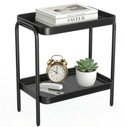 2-in-1 Narrow Side Table with Storage Shelves, Compact 2-Tier Small & Skinny End Table for Small Spaces, Space-Saving Slim Nightstand for Bedroom, Living Room, Office, Modern Bedside Table