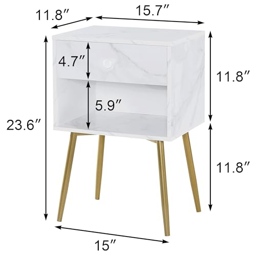 VECELO Nightstands Set of 2, Mid Century Modern End Bedside Table, Night Stand with Storage Drawer and 2 Tiers Open Shelf for Small Place, Bedroom, Living Room, Easy Assembly, White Gold - color: White Gold
