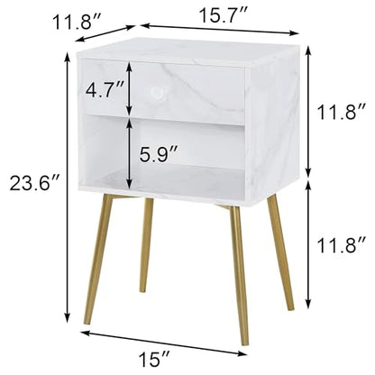 VECELO Nightstands Set of 2, Mid Century Modern End Bedside Table, Night Stand with Storage Drawer and 2 Tiers Open Shelf for Small Place, Bedroom, Living Room, Easy Assembly, White Gold - color: White Gold