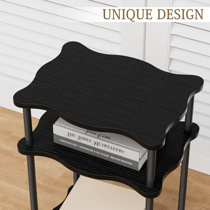 THUMEYE 3-Tier Side Table, 15.7”x11.8”x23” Space-Saving End Table with Solid Wood Legs, Tool-Free Assembly Nightstand for Bedroom Living Room, Black - color: Black