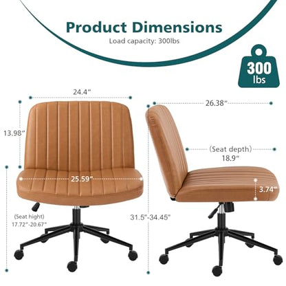 OLIXIS Criss Cross Chair with Wheels, Vanity Chair, Home Office Desk | Wide Seat Armless, Faux Leather, Height Adjustable Swivel Rolling, Home Computer Task Seating for Bedroom Study, Brown PU - color: Brown Pu
