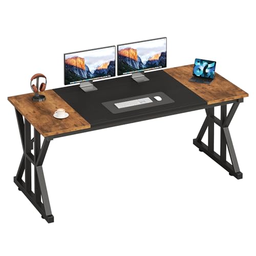 TVU Computer Desk, 55 inch Large Office Desk, Study Writing Table with Thicken Frame, Gaming Desk, Modern Simple Desk for Home Office, Rustic Brown/Black - color: Rustic Brown+black, size: 55inch