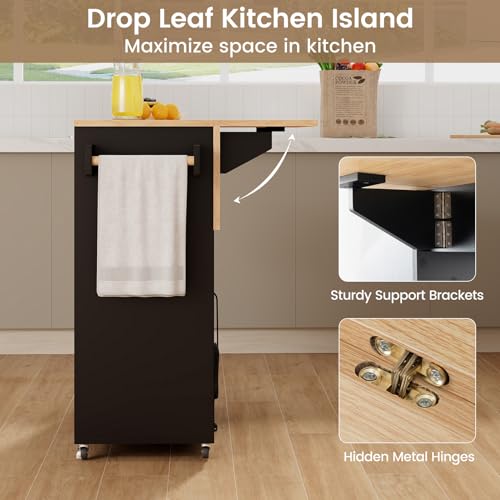 Giantex Rolling Kitchen Island Cart with Drop Leaf, Power Outlet, Spice Rack, 12 Wine Rack, Glass Holder, Drawer, Storage Cabinet, Towel Rack, Island Table for Breakfast Coffee Bar (Black & Natural) - color: Black & Natural