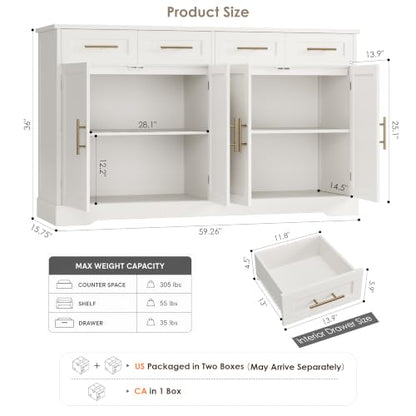 HOSTACK 60" W Sideboard Buffet Cabinet with Storage, Kitchen Cabinet, White | 36" Tall Kitchen Buffet Storage Cabinet with 4 Drawers, Large Coffee Bar Cabinet, Modern Buffet Table for Dining Living Room - color: White