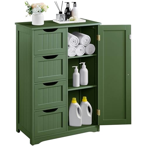 Yaheetech Small Bathroom Storage Cabinet with 4 Drawers & Door, Green | Floor Cabinet Organizer for Hallway, Living Room, 3-Position Adjustable Shelf, Beadboard Detail, MDF, 12"D x 22"W x 32.5"H - color: Green, size: 22 x 12 x 32.5 In (LxWxH)