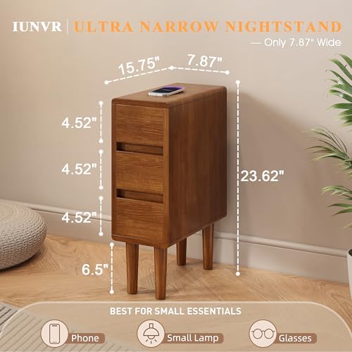 Narrow Nightstand with 3 Drawers Narrow Night Stand Solid Wood Bedside Table Mid Century Modern Nightstand Wooden End Table for Bedroom, Study, Office - color: Walnut-3d, size: 15.75''×8''×23.62''