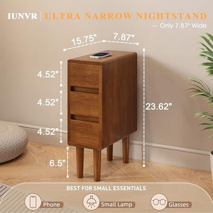 Narrow Nightstand with 3 Drawers Narrow Night Stand Solid Wood Bedside Table Mid Century Modern Nightstand Wooden End Table for Bedroom, Study, Office - color: Walnut-3d, size: 15.75''×8''×23.62''