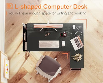 ODK 40 Inch Small L Shaped Gaming Computer Desk with Power Outlets, Reversible Storage Shelves & PC Stand for Home Office, Simple Writing Study Table with Storage Bag for Small Space, Black - size: 40 inch