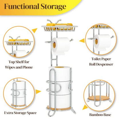 Toilet Paper Holder Stand, Free Standing Tissue Roll Storage Rack with Shelf for Bathroom, Chrome - color: Chrome With Bamboo