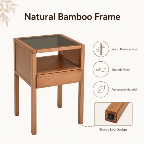 Bamboo Nightstand Small Bedside Tables with Drawer,Gray | Tempered Glass Top, Open Shelf, Mid Century Modern Night Stand for Bedroom, Living Room, Apartment, Small Space - color: Gray Glass