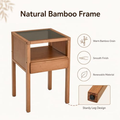 Bamboo Nightstand Small Bedside Tables with Drawer,Gray | Tempered Glass Top, Open Shelf, Mid Century Modern Night Stand for Bedroom, Living Room, Apartment, Small Space - color: Gray Glass