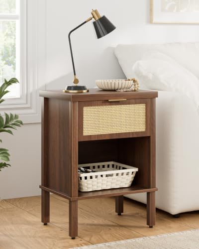Rattan Nightstand with Drawer and Open Shelf, Boho Side Table with Gold Handle, Small Night Stand, Modern Bedside Table for Bedroom, Walnut - color: Walnut