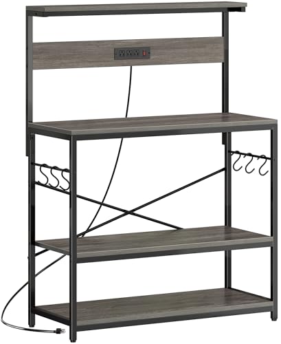 SUPERJARE Bakers Rack with Power Outlets, Microwave Stand, 39.4 X 14.3 Inch Larger Desktop, Kitchen Storage Rack with Adjustable Middle Shelf, 6 S-Shaped Hooks, Coffee Bar Stand, Grey - color: Charcoal Gray, size: 39.4inch