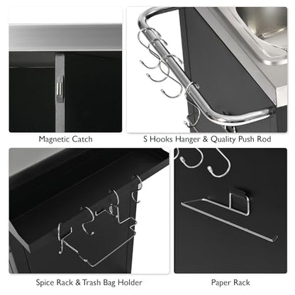 Merax 55.5" Outdoor Kitchen Island, Metal Grill Cart Table with 304 Stainless Steel Sink, Outdoor Bar Cart Sink Station with 4 Lockable Wheels for Pizza Prep & BBQ, Black