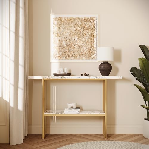ZeHuoGe Modern Luxury Gold Metal Frame Console Table, Chic Entryway Table with Storage Shelf for Living Room Decor