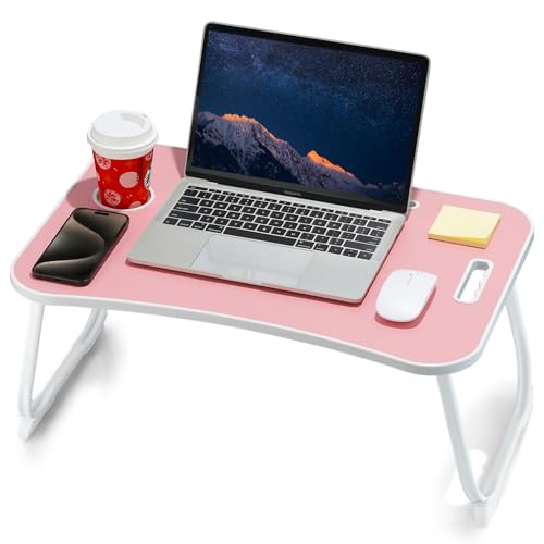 ZEAPTAC Laptop Bed Desk, Foldable Lap Desk, Portable Lap Table, Laptop Stand with Cup Holder, Tablet Slot & Lifting Handle for Work, Write, Draw & Eat on Bed, Sofa or Couch - Pink - color: Pink