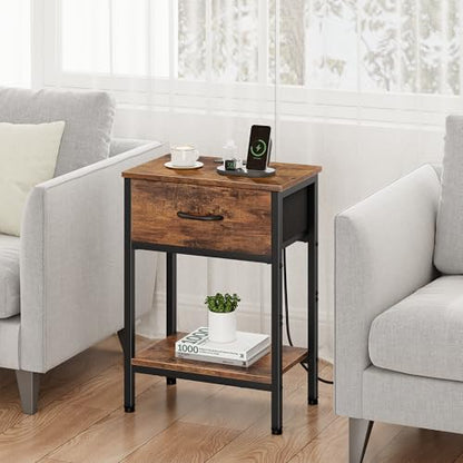 Vagusicc Nightstand with Charging Station, End Table with Fabric Drawer, Small Side Table with 2-Tier Storage Shelves, 25.4" Tall Bedside Table, Night Stand for Bedroom Living Room Dorm, Rustic Brown - color: Rustic Brown (1 Pack)