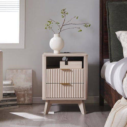 T4TREAM Fluted Nightstand with Charging Station, 18" Modern Side Table with 2 Drawers, End Table w/Storage, Bedside for Bedroom, Living Room, Curved Profile Design, White Alder - color: White Alder