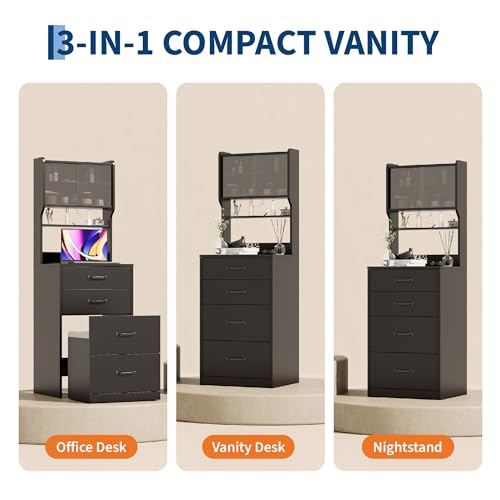 Garvee 3 in 1 Vanity Desk with 3 Color LED, Compact Makeup Vanity Set with 2 AC Outlets & USB, Dressing Table with Drawers & Acrylic Doors, Nightstand Vanity Mirror, Jewelry Box, Hidden Chair, Black - color: Black