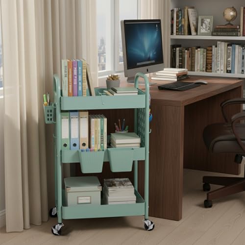 danpinera Rolling Cart, Movable Utility Organizer with Retractable Dividers & Pegboards for Kitchen, Bathroom, Office - color: Green