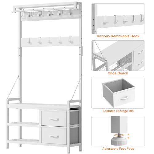 Lulive Hall Tree with Bench and Shoe Storage, 31.5” Coat Rack Freestanding | White, 5 in 1 Intelligent Design, 17 Hooks, 2 Drawers, Handy Clothes Rail - color: White, size: 11.8"D x 31.5"W x 70.9"H