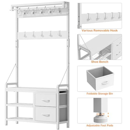 Lulive Hall Tree with Bench and Shoe Storage, 31.5” Coat Rack Freestanding | White, 5 in 1 Intelligent Design, 17 Hooks, 2 Drawers, Handy Clothes Rail - color: White, size: 11.8"D x 31.5"W x 70.9"H