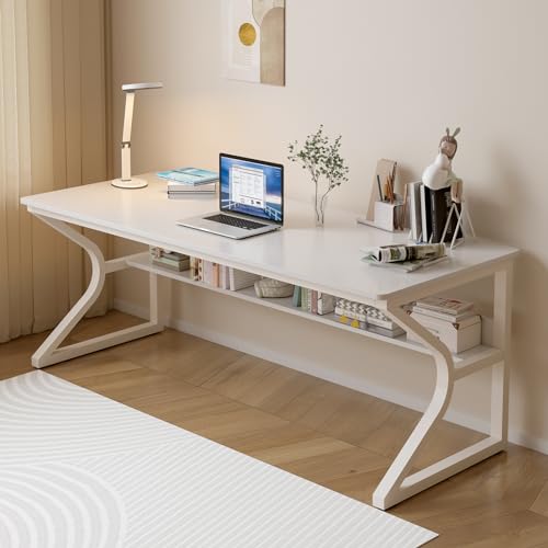 OSCHF 63-Inch Extra Long Desk with Storage Shelf, Warm White | Double Long Writing Table, Space-saving, 2-Person Workstation, Modern Study Work Computer Desk, For Home Office - color: Warm White, size: 63x23.6 inch