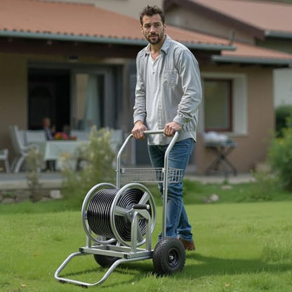 VEVOR Hose Reel Cart, 200/300ft High-Pressure Garden Hose Cart, Hoses Reel Carts with Two Wheels, Handle & Heavy-Duty Mesh Storage Basket, Dual-Purpose Portable Hoses Reels for Garden, Car, Pet - style: 2 in 1 - 200 ft