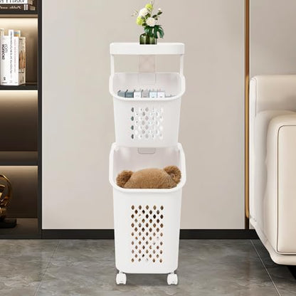 2 Tier Laundry Basket Holder, Utility Laundry Basket with Wheels Clothes Storage Organizer Cart Removable Rolling Laundry Hampers for Bathrooms Bedrooms Kitchen (2-Tier) - size: 2-Tier