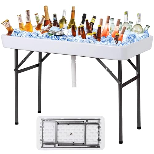 Giantex Folding Ice Table with Drain, 4 ft Portable Cooler with Removable Skirt, No Assembly, Fill and Chill Table for Food Drink Beverage, Foldable Party Ice Bin for Camping BBQ Outdoor, White - color: White, size: 24"D x 48"W, style: No Bucket
