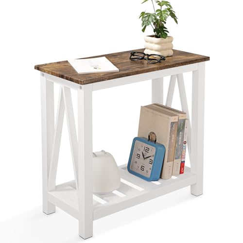 Narrow End Table Rectangular Side Tables for Small Spaces Wood Framed Night Stands Sofa Bedside Table for Living Room Brown Smooth Tabletop Industrial Accent Furniture for Bathroom Bedroom - color: Brown&white