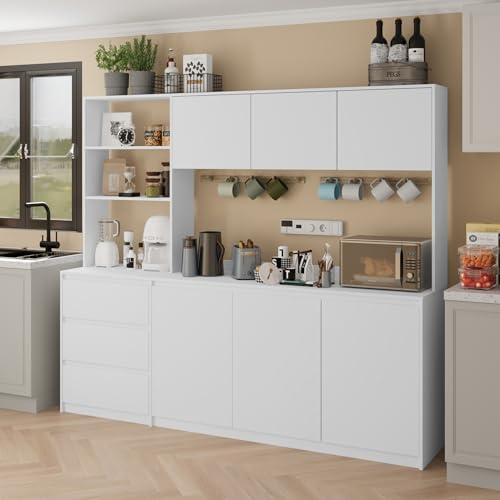 Mekminop Extra Large Kitchen Pantry with Microwave Shelf, Kitchen Hutch Storage Cabinet with Countertop, Freestanding Countertop Cabinet with 3 Drawers and 3 Open Shelves, White - color: White, size: 82.7" Wide