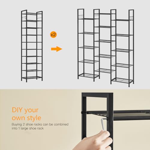 usikey 10 Tiers Narrow Shoe Rack 20-30 Pairs, Sturdy Metal Tall Shoe Rack Shelf with 4 Hooks, Slim Shoe Storage with Metal Shelf, Space Saving Vertical Shoe Organizer for Closet Entryway, Black - color: 10 Tier ( 17.9 X 11 X 69.2 Inches)-black