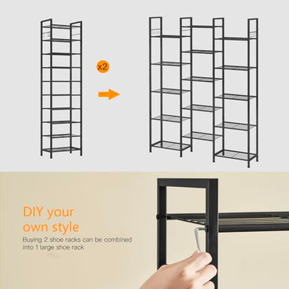 usikey 10 Tiers Narrow Shoe Rack 20-30 Pairs, Sturdy Metal Tall Shoe Rack Shelf with 4 Hooks, Slim Shoe Storage with Metal Shelf, Space Saving Vertical Shoe Organizer for Closet Entryway, Black - color: 10 Tier ( 17.9 X 11 X 69.2 Inches)-black