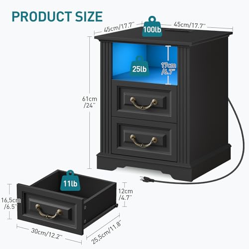 RALGEND Farmhouse Nightstand with Charging Station, Night Stand with 2 Drawers, End Tables Living Room, LED Bed Side Table with Open Shelf, End Table for Bedroom, Living Room, Black - color: Black