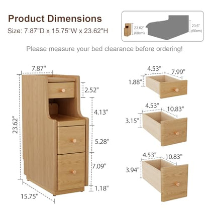 Solid Wood Narrow Nightstand with 3 Drawers,Modern Natural,Fully Assembled | Narrow night stand,gold handles,open Shelf,skinny bedside table,slim nightstand for bedroom storage,space-saving storage - color: Natural（15.75"d X 7.87"w X 23.62"h）