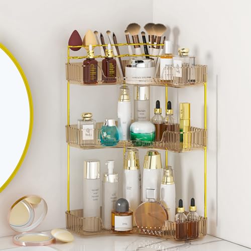 SUNZOS Corner Bathroom Counter Organizer, 3-Tier Countertop Perfume Tray Organizer with Makeup Brush Holder, Vanity Makeup Cosmetic Storage for Dresser - color: Amber Gold, size: 3 Tier