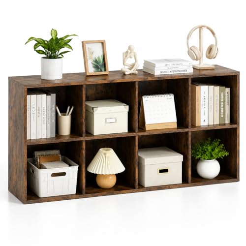 POWERSTONE 8 Cube Storage Organizer, Open Cube Bookshelf with Back Panels, Modern Display Cubby Bookcase for Bedroom Living Room Home Office, Rustic Brown - color: Rustic Brown, size: 8-Cube