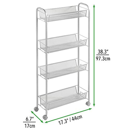 mDesign Slim Steel Metal Rolling Utility Cart Storage Organizer Trolley with 4 Basket Shelves for Laundry Room, Kitchen, Bathroom Organization - Narrow Holder for Detergent - Biro Collection, Silver