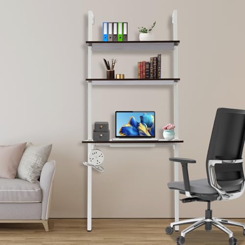 Ladder Desk, 3-Tier Industrial Wall Mount Ladder, 2-Shelf Wall Mount Computer Writing Table, Power Strip, 110.23lbs (First Tier) & 22.05lbs Load-Bearing Capacity (Brown, White, 30x20x72.5in) - color: Brown, White, size: 30x20x72.5in