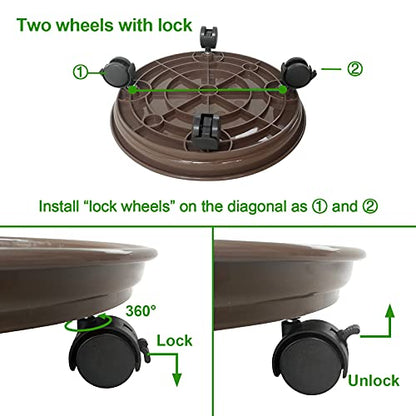 Plant Caddy with Wheels, Rolling Plant Dolly with Casters, Brown | Movable Plant Stand, Flower Pot Dolly Holder, Planter Pot Mover, Indoor Outdoor Use, 2 Wheels with Lock, Fit Most Pots - color: Brown