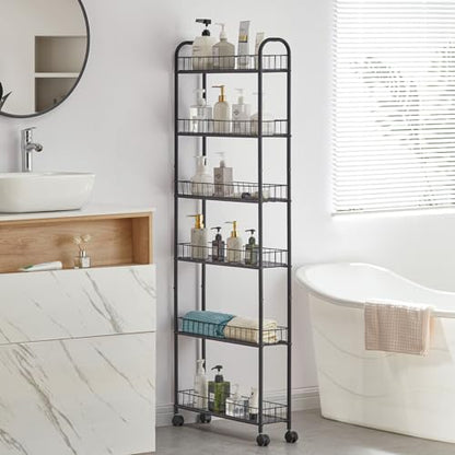 6 Tier Slim Rolling Storage Cart, Mobile Shelving Unit with Wheels, Metal Wire Storage Rack with Baskets for Kitchen Bathroom Office Laundry Narrow Piaces (6in Slim Rolling Cart) - size: 6in Slim Rolling Cart